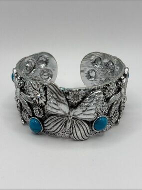 Vintage Novadab Silver Tone Butterfly Turquoise Blue Large Cuff Bangle Bracelet